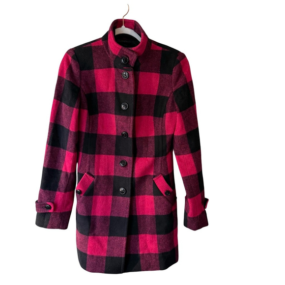 Jacob Red and Black Buffalo Plaid Pea Coat Size XS Wool Blend Cozy Fall Winter - Picture 1 of 14
